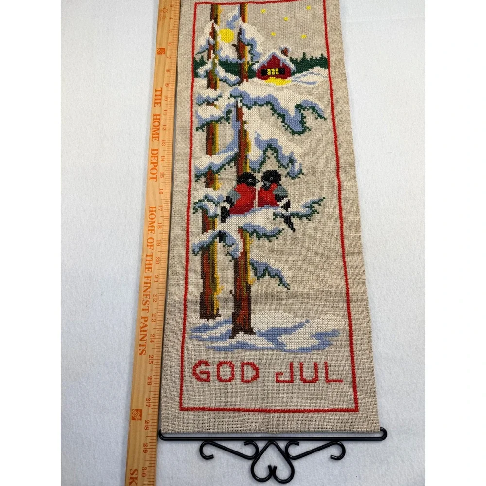 Vintage God Jul Scandinavian Cross Stitch Wall Hanging Winter Birds Cabin 31in